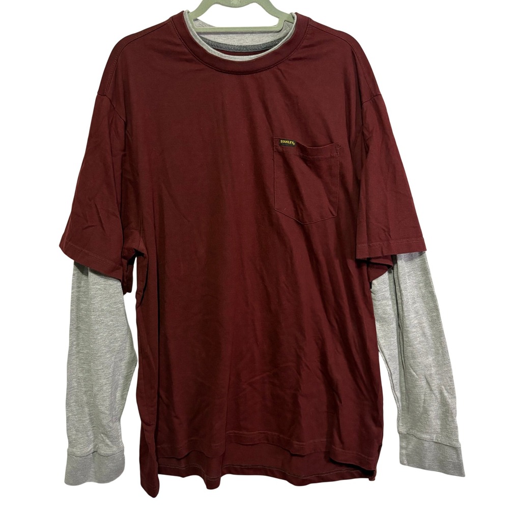 Stanley Mens XXL Layered L/S Pocket T-Shirt Maroon Gray Workwear Tee Utility